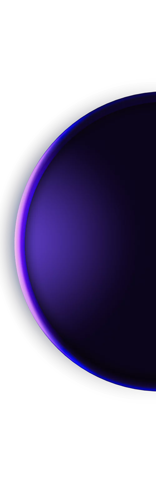 A glowing abstract shape resembling the edge of a planet or sphere, with radiant gradients of deep purple, violet, and blue on a black background.