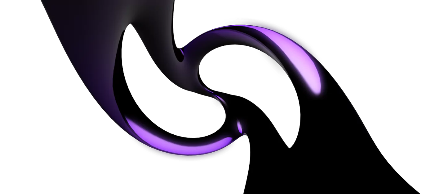 Abstract dark 3D shape with smooth, flowing curves and glossy purple highlights on a black background.